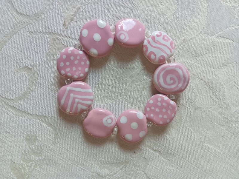 Kazuri Stretch Ceramic Beaded Bracelet, Pink and White Kazuri Beads with Crystal Clear Spacers